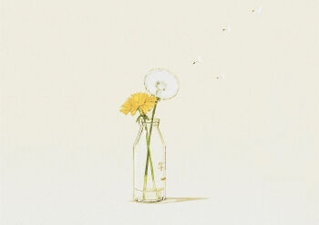 absurdres bottle comiket_107 commentary_request dandelion dandelion_clock dandelion_seed flower flower_focus glass_bottle highres improvised_vase invisible_floor milk_bottle mitsubachi_(roundbee) no_humans original shadow simple_background still_life water white_background wind yellow_flower