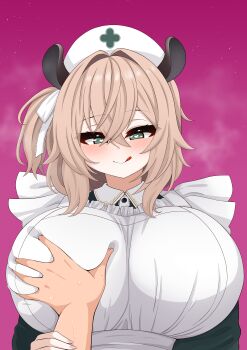 1girl 1other absurdres animal_ears apron blush breasts brown_hair closed_mouth collared_shirt commentary dress fingernails grabbing_another&#039;s_breast green_dress green_eyes groping guided_breast_grab guiding_hand hair_between_eyes hair_intakes hair_ribbon hat heart heart_in_eye highres huge_breasts indie_virtual_youtuber long_sleeves looking_at_viewer medium_hair nail_polish nimi_nightmare nimi_nightmare_(1st_costume) nurse nurse_cap one_side_up pink_background pink_nails ribbon shirt smile solo_focus symbol_in_eye tapir_ears tapir_girl the_only_shoe tongue tongue_out virtual_youtuber white_apron white_ribbon