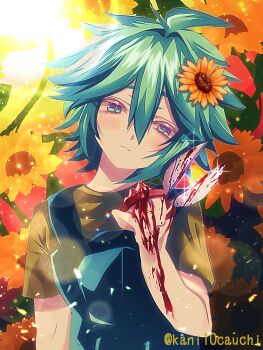 Rule 34 | 1boy, basil (headspace) (omori), basil (omori), blood, blood on hands, bloody weapon, blue overalls, closed mouth, commentary request, double-parted bangs, flower, gardening shears, green eyes, green hair, green shirt, hair between eyes, hair flower, hair ornament, highres, kauchi (kani10cauchi), lens flare, looking at viewer, male focus, omori, overalls, shirt, short hair, short sleeves, sidelocks, solo, sunflower, t-shirt, twitter username, upper body, weapon