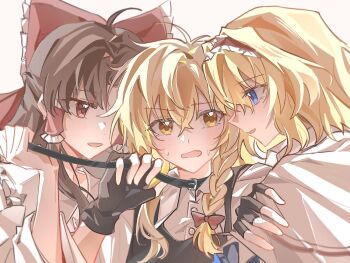 3girls alice_margatroid animal_collar black_collar black_gloves black_vest blonde_hair blue_eyes blush bow braid brown_hair capelet collar commentary fang fingerless_gloves frilled_bow frilled_hair_tubes frills gloves hair_bow hair_tubes hairband hakurei_reimu hashtag-only_commentary highres holding holding_leash kirisame_marisa leash lolita_hairband long_hair love_triangle mi_pomeranian multiple_girls no_headwear open_mouth red_bow red_eyes red_hairband side_braid single_braid smile sweat touhou vest white_capelet yellow_eyes yuri