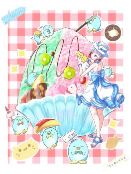 1girl ^^^ animal apple apple_slice back_bow backless_dress backless_outfit bare_shoulders bird blue_bow bob_cut border bow bowl bowler_hat closed_eyes colored_inner_hair commentary_request diagonal_bangs donut dress food frilled_dress frills fruit full_body gingham_background glass_bowl grey_hair hair_ornament halter_dress halterneck hat highres holding holding_food holding_fruit ice_cream inverted_bob kiwi_(fruit) kiwi_slice link!_like!_love_live! love_live! multicolored_hair nougat o_o official_alternate_costume on_food oversized_food oversized_object penguin penguin_ice_(love_live!) pineapple pineapple_slice pink_eyes pocky red_background red_hair sakari_(pear_8_ll) sandals shaved_ice short_dress short_hair shoulder_blades sleeveless sleeveless_dress solo standing star_(symbol) star_hair_ornament streaked_hair toes translation_request virtual_youtuber white_border white_dress white_hat white_sandals yugiri_tsuzuri