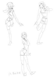 1girl chainsaw_man highres index_finger_raised jiangyou_m monochrome multiple_views reze_(chainsaw_man) shirt sketch sleeveless sleeveless_shirt standing