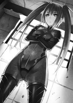 1girl aged_up bodysuit breasts covered_groin crack cracked_wall crossed_arms dim_lighting dutch_angle frown greyscale highres ikeda_yasuhiro long_hair looking_at_viewer medium_breasts monochrome non-web_source official_art ringed_eyes science_adventure solo steins;gate tennouji_nae twintails window