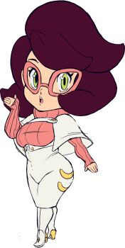 brown_hair chibi curvy dress glasses highres looking_at_viewer nintendo pokemon pokemon_sm short_hair sweater teevo turtleneck turtleneck_sweater wicke_(pokemon) yellow_eyes