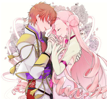 1boy 1girl brown_hair closed_eyes code_geass couple donut_hair_bun dress earrings euphemia_li_britannia formal_clothes gloves hair_bun highres holding_hands jewelry kururugi_suzaku long_hair noppo open_mouth pink_hair short_hair smile very_long_hair white_background white_gloves