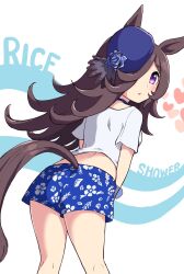 Rule 34 | 1girl, animal ears, blue choker, blue scrunchie, blue shorts, blush, brown hair, character name, choker, clothing cutout, commentary request, cowboy shot, from behind, gaze on me! outfit (umamusume), hair over one eye, hat, heart, highres, horse ears, horse girl, horse tail, long hair, looking at viewer, looking back, midriff, open mouth, purple eyes, purple hat, rice shower (umamusume), scrunchie, shirt, short sleeves, shorts, simoyuki, simple background, solo, tail, tail through clothes, tied shirt, umamusume, white background, white shirt, wrist scrunchie