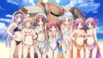 6+girls agnes_boulange beach bikini blonde_hair blue_eyes blush bow bracelet breasts brown_eyes brown_hair carina_verritti chelsea_arcot cleavage cloud day earrings flat_chest flower front-tie_top golem_(shukufuku_no_campanella) hair_bow hair_ornament hairband hat highres jewelry ko~cha long_hair medium_breasts minette multiple_girls necklace nina_lindberg ocean one-piece_swimsuit open_mouth orange_eyes outdoors pink_eyes pink_hair purple_hair red_eyes ribbon ritos_tortilla salsa_tortilla sarong short_hair shukufuku_no_campanella side-tie_bikini_bottom sky small_breasts smile standing swimsuit take_your_pick tango_(shukufuku_no_campanella) twintails very_long_hair water