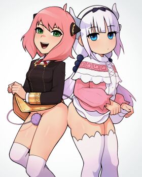 2girls ahoge anya_(spy_x_family) ass-to-ass beads black_bow black_dress black_hairband blue_eyes blunt_bangs bow bow_hairband breasts closed_mouth clothes_lift collared_shirt cone_hair_bun convenient_censoring cowboy_shot crossover dragon_girl dragon_horns dragon_tail dress dress_lift eden_academy_school_uniform feet_out_of_frame female_focus gold_trim gradient_hair green_eyes hair_beads hair_bow hair_bun hair_ornament hairband hairpods highres horns kanna_kamui kobayashi-san_chi_no_maidragon lifting_own_clothes loli long_hair long_sleeves loodncrood looking_at_viewer multicolored_hair multiple_girls neck_ribbon no_panties open_mouth pink_dress pink_hair puffy_long_sleeves puffy_sleeves purple_hair red_ribbon ribbon school_uniform shirt short_hair side-by-side skirt skirt_lift small_breasts socks sphere_hair_ornament spy_x_family standing tail teeth thighhighs tongue twintails two-tone_hair white_background white_shirt white_socks white_thighhighs yuri