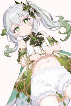 1girl ale_pocot bloomers clothes_lift commentary dress dress_lift genshin_impact green_eyes hair_ornament lifting_own_clothes loli multicolored_hair nahida_(genshin_impact) navel pointy_ears side_ponytail sleeveless sleeveless_dress solo underwear white_bloomers white_dress