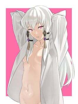 1girl breasts cleavage fire_emblem fire_emblem:_three_houses higher_resolution_available highres looking_at_viewer lysithea_von_ordelia nintendo no_bra open_clothes open_shirt pink_eyes pomelomelon shirt solo white_hair white_shirt