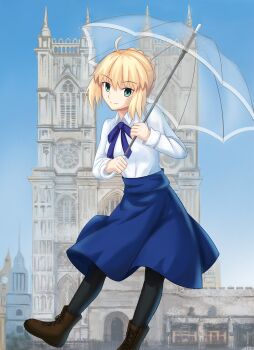 1girl absurdres ahoge andychen662000 artoria_pendragon_(fate) black_leggings blonde_hair blouse blue_bow blue_skirt blue_sky boots bow braid brown_boots bun_with_braided_base clock clock_tower fate/stay_night fate_(series) green_eyes highres holding holding_umbrella leggings pantyhose real_world_location saber_(fate) shirt sidelocks skirt sky smile solo tower transparent transparent_umbrella umbrella westminster_palace white_shirt