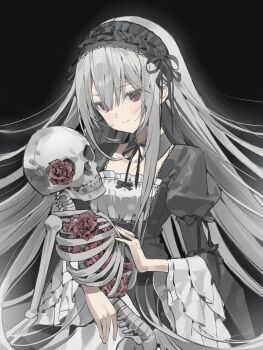 1girl bell_sleeves black_background black_dress blush bone bow bowtie collar collarbone dress flower gothic_lolita headdress highres holding_skeleton juliet_sleeves lolita_fashion long_hair long_sleeves looking_at_viewer nyzziz puffy_sleeves red_eyes ribbon ribs rose rozen_maiden simple_background skeleton skull smile solo spine suigintou upper_body white_hair