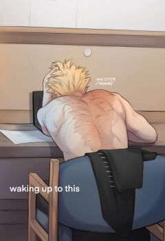 1boy artist_name back blonde_hair boku_no_hero_academia commentary computer english_commentary english_text hawks_(boku_no_hero_academia) highres inkletterart laptop male_focus meme paper photo-referenced scar scar_on_back short_hair sitting solo toned toned_male topless_male waking_up_to_this_(meme)
