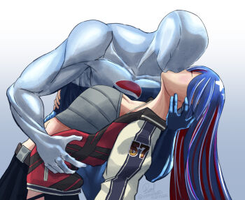 Rule 34 | 1boy, 1girl, blue hair, color connection, highres, jacket, kantai collection, kiss, long hair, long sleeves, official alternate costume, pepsiman, pepsiman (game), red hair, ron (pixiv83091338), south dakota (kancolle), south dakota (valentine) (kancolle), star (symbol), very long hair, white hair