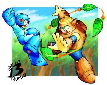 13ban 2boys arm_cannon artist_name blue_eyes border clenched_hand dated forest helmet highres humanoid_robot leaf mega_man_(character) mega_man_(classic) mega_man_(series) mega_man_2 multiple_boys nature open_mouth robot teeth weapon white_border wood_man