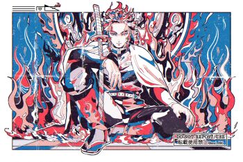 Rule 34 | 1boy, belt, black jacket, black pants, blonde hair, border, closed mouth, demon slayer uniform, fire, flaming eye, forked eyebrows, haori, highres, jacket, japanese clothes, katana, kimetsu no yaiba, male focus, mui 830, multicolored hair, multicolored nails, pants, red hair, rengoku kyoujurou, sandals, sitting, solo, sword, tabi, twitter username, two-tone hair, weapon, white belt, white border, white haori