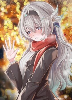 1girl absurdres black_hairband black_jacket blue_pupils blush colored_tips firefly_(honkai:_star_rail) glint green_hair grey_hair hairband hibachaaa highres honkai:_star_rail honkai_(series) jacket jewelry long_hair long_sleeves multicolored_hair open_clothes open_jacket purple_eyes red_scarf ribbed_sweater ring scarf solo sweater twitter_username