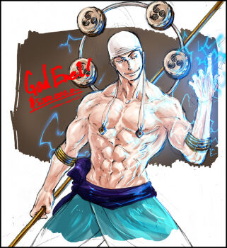 1boy electricity enel kepe male_focus mitsudomoe_(shape) one_piece skypiea solo staff tomoe_(symbol)