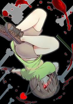 1other androgynous ayame_riyo bare_legs blood bloody_knife bone brown_shorts chara_(undertale) eye_trail glowing glowing_eye glowing_eyes green_sweater heart heart_necklace highres holding holding_knife holding_weapon jewelry knife light_trail locket necklace one_eye_closed pendant red_eyes shirt shoes shorts sneakers striped_clothes striped_shirt striped_sweater sweater tongue tongue_out undertale upside-down utdr_(toby_fox) weapon