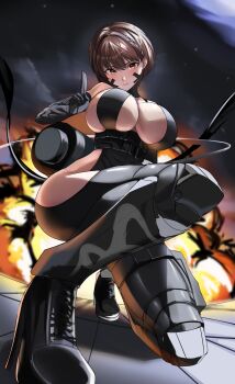 1girl absurdres bodysuit breasts brown_eyes brown_hair cleavage closed_mouth clothing_cutout commentary_request delta_(nikke) delta_(ninja_thief)_(nikke) explosion foreshortening from_below goddess_of_victory:_nikke high_heels highres hip_vent kopepan_(kopepann11) kuji-in large_breasts ninja short_hair sleeveless sleeveless_bodysuit smile solo