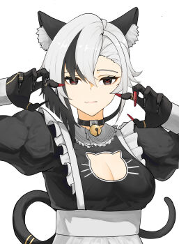 1girl absurdres alternate_costume animal_ear_fluff animal_ears arlecchino_(genshin_impact) bell black_choker black_dress black_eyes black_hair black_hands breasts cat_cutout cat_ears cat_girl cat_tail choker claw_pose cleavage cleavage_cutout closed_mouth clothing_cutout colored_extremities commentary dress english_commentary enmaided genshin_impact highres jingle_bell juliet_sleeves kemonomimi_mode large_breasts long_sleeves looking_at_viewer maid multicolored_hair neck_bell puffy_sleeves red_pupils simple_background smile solo symbol-shaped_pupils tail two-tone_hair upper_body variant_set white_background white_hair x-shaped_pupils yellow_glasses_(odivichno)