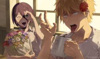 1boy 1girl absurdres bbang_uk_00000 black_choker black_hair blonde_hair chainsaw_man choker coffee_mug cup denji_(chainsaw_man) flower grenade_pin highres holding holding_cup messy_hair mug pull_cord reze_(chainsaw_man) shirt sleeveless sleeveless_shirt