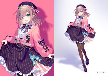 Rule 34 | 1girl, aqua bow, aqua nails, beret, black bow, blue gem, blush, bow, bowtie, breasts, brown hair, brown pantyhose, cardigan, center frills, character name, collared shirt, commentary request, fingernails, frilled shirt, frills, full body, gem, green eyes, hair ornament, hairclip, hat, hat bow, hat pin, heart pin, heart ring, jewelry, large breasts, layered skirt, long sleeves, looking at viewer, medium hair, nail polish, nijisanji, open mouth, pantyhose, pink background, pink bow, pink bowtie, pink cardigan, pink nails, pink skirt, purple bow, purple bowtie, purple hat, purple shoes, purple skirt, rabbit pin, ring, saine, shirt, shoes, skirt, skirt hold, smile, star pin, striped bow, striped bowtie, striped clothes, striped pantyhose, striped skirt, suzuhara lulu, suzuhara lulu (1st costume), two-tone bow, two-tone bowtie, vertical-striped clothes, vertical-striped pantyhose, vertical-striped skirt, virtual youtuber, white background, white bow, white shirt