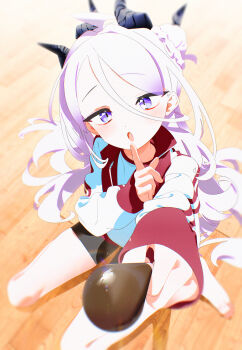 1girl absurdres ahoge barefoot black_shorts blue_archive blush bm_tol braid commentary food gym gym_shirt gym_uniform hair_between_eyes hand_on_own_face highres hina_(blue_archive) holding holding_food holding_pocky horns jacket kneeling long_hair long_sleeves looking_at_viewer on_floor open_mouth pocky purple_eyes red_jacket shirt shorts solo unzipped white_hair white_jacket white_shirt wooden_floor