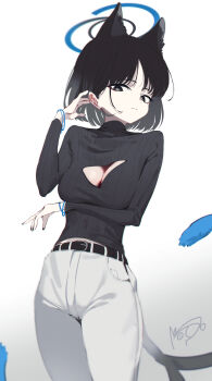 1girl absurdres animal_ears belt black_hair black_nails black_sweater blue_archive breasts cat_ears cat_girl cat_tail cleavage_cutout clothing_cutout commentary dan_nako extra_ears fingernails halo highres kikyou_(blue_archive) long_sleeves medium_breasts multiple_tails nail_polish pants ribbed_sweater short_hair signature solo sweater tail two_tails white_pants