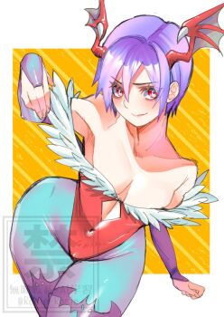 1girl bare_shoulders blue_coat blue_hair border breasts cleavage coat collarbone cowboy_shot darkstalkers lilith_(darkstalkers) looking_at_viewer pantyhose purple_eyes rosie_rosie short_hair simple_background small_breasts smile solo white_border