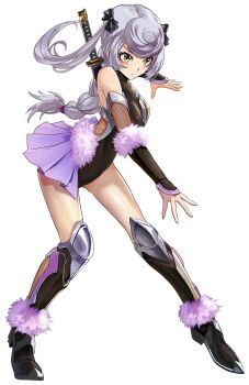 black_leotard bow braid breasts full_body grey_hair hair_bow hatori_seishu leotard lilith-soft looking_ahead official_art rabidhowl shiny_skin single_braid skirt small_breasts standing taimanin_(series) taimanin_rpgx taimanin_suit transparent_background twintails yellow_eyes