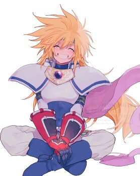 Rule 34 | 1boy, absurdres, arm belt, armor, blonde hair, blue bodysuit, blue boots, blush, bodysuit, boots, cape, closed eyes, fingerless gloves, gloves, green headband, grin, hair between eyes, headband, highres, indian style, long hair, male focus, nancykittyu, pants, pink cape, simple background, sitting, smile, solo, stahn aileron, tales of (series), tales of destiny, white background, white pants