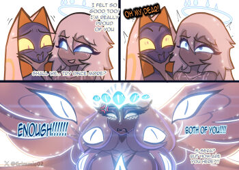 1boy 2girls :d absurdres anger_vein blonde_hair blue_eyes brown_hair closed_mouth collarbone colored_sclera dark-skinned_female dark_skin emily_(hazbin_hotel) english_text extra_eyes fangs glowing grimmie02 hazbin_hotel hellaverse highres long_hair multiple_girls open_mouth sera_(hazbin_hotel) simple_background sir_pentious_(angel) smile teeth white_background yellow_sclera