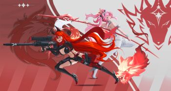 2girls :d absurdres anti-materiel_rifle armor ass backless_bodysuit barrett_m82a2 belt black_belt black_bow black_gloves black_pants black_shirt bodysuit boots bow breastplate breasts bullpup center_opening chinese_commentary cleavage clothing_cutout collar commentary_request cropped_shirt crossover crotch_plate double-parted_bangs fang fingerless_gloves gloves goddess_of_victory:_nikke grin gun hair_between_eyes hair_bow hair_flaps hairband han_sel high_heels highres hip_vent holding holding_gun holding_polearm holding_weapon horns large_breasts leather leather_pants leg_cutout long_hair long_sleeves looking_at_viewer lupa_(wuthering_waves) mechanical_horns metal_collar metal_hairband midriff multiple_girls navel open_clothes open_mouth pants pink_hair polearm red_hair red_hood_(nikke) red_pupils red_scarf rifle scarf shadow shirt sidelocks skindentation smile sniper_rifle standing standing_on_one_leg suspenders tail teeth trait_connection twintails unzipped very_long_hair weapon white_bodysuit white_boots wolf_tail wrist_guards wuthering_waves yellow_eyes