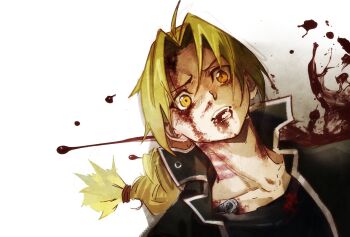 Rule 34 | 1boy, ahoge, black jacket, black tank top, blonde hair, blood, blood from mouth, blood on face, braid, collarbone, edward elric, fullmetal alchemist, furrowed brow, highres, jacket, long hair, male focus, mechanical arms, nosebleed, open mouth, parted bangs, single braid, single mechanical arm, solo, tank top, upper body, white background, yellow eyes, youritai