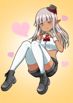 Rule 34 | 1girl, absurdres, ascot, bare shoulders, black boots, black hat, black shorts, blue eyes, blunt bangs, blush, boots, closed mouth, crop top, dark-skinned female, dark elf, dark skin, elf, gradient background, grey hair, half-closed eye, hat, heart, heart hands, highres, karla (kono healer mendokusai), kono healer mendokusai, long hair, looking at viewer, midriff, mini hat, official art, pointy ears, red ascot, shirt, short shorts, shorts, sleeveless, sleeveless shirt, solo, stomach, tannen ni hakkou, thighhighs, top hat, uneven eyes, white shirt, white thighhighs, white wrist cuffs, wrist cuffs, yellow background