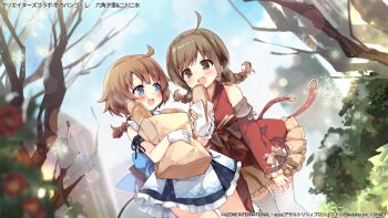 2girls :d ahoge arm_strap assault_lily back_bow bag bare_tree blue_bow blue_eyes blue_sky blunt_bangs blurry blurry_background blush bow braid braided_ponytail bread breath brown_bow brown_eyes brown_hair building bush commentary_request cowboy_shot detached_sleeves dress dutch_angle floral_print flower food frilled_dress frilled_sleeves frills futagawa_fumi gloves hair_flower hair_ornament hand_on_own_thigh hand_up hands_up highres holding holding_bag holding_food layered_dress leaning_forward long_sleeves looking_at_another looking_at_food low_ponytail low_twin_braids low_twintails medium_hair multiple_girls nagayama_yuunon official_alternate_costume official_art open_mouth outdoors paper_bag pink_bow pink_flower ponytail print_dress red_dress rokkaku_shiori sharing_food shopping_bag side-by-side single_braid sky sleeve_bow sleeveless sleeveless_dress sleeves_past_wrists smile snowflakes standing swept_bangs teeth thighhighs tree twin_braids twintails upper_teeth_only watermark white_bow white_dress white_gloves white_thighhighs winter
