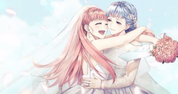 Rule 34 | 2girls, :d, alternate costume, blue hair, blunt bangs, bouquet, braid, breasts, bridal veil, bride, character request, closed eyes, closed mouth, commentary request, crown braid, dress, earrings, fire emblem, fire emblem: three houses, flower, hair bun, hair flower, hair ornament, highres, hilda valentine goneril, hilda valentine goneril (timeskip), holding, holding bouquet, hug, jewelry, korean commentary, lace, lace sleeves, long hair, looking at another, marianne von edmund, marianne von edmund (timeskip), medium breasts, multiple girls, naha (1117 71), nintendo, open mouth, orange hair, pink flower, pink rose, rose, single hair bun, smile, veil, wedding, wedding dress, white dress, white flower, wife and wife, yuri