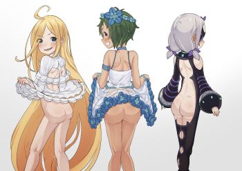 2023 20s 3girls absurdres ahoge ascot ass bare_back bare_legs bare_shoulders blindfold blonde_pubic_hair blue_eyes blush bottomless bow clothes_lift daphne_(re:zero) dark-skinned_female dark_skin dress female_focus flashing flower flower_wreath from_behind green_hair grey_hair hair_bow hair_flower hair_ornament heart heart-shaped_pupils highres licking_lips lifting_own_clothes loli long_hair looking_at_viewer looking_back louis_arneb multiple_girls no_panties orange_eyes r-man re:zero_kara_hajimeru_isekai_seikatsu see-through_clothes see-through_skirt sharp_teeth short_hair shoulder_blades skirt skirt_lift standing symbol-shaped_pupils teeth tongue tongue_out twintails typhon_(re:zero) very_long_hair white_dress witch