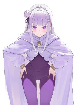 1girl :t absurdres bodysuit cape closed_mouth commentary covered_navel emilia_(re:zero) flower frown hair_flower hair_ornament hands_on_own_hips highres long_hair looking_at_viewer nbee_ya pointy_ears pout purple_bodysuit re:zero_kara_hajimeru_isekai_seikatsu simple_background solo untranslatable_commentary white_background white_cape white_flower white_hair