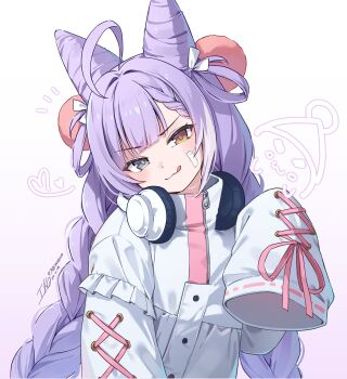 1girl :3 bandage_on_face bandages blue_eyes braid commentary cone_hair_bun double_bun gradient_background hair_bun hair_ornament hair_rings headphones headphones_around_neck heterochromia highres ika_(4801055) jacket oversized_jacket pink_background pom_pom_(clothes) pom_pom_hair_ornament purple_hair simple_background sleeves_past_fingers sleeves_past_wrists solo stellive symbol-only_commentary tenko_shibuki tongue tongue_out twin_braids twintails virtual_youtuber white_background white_jacket yellow_eyes zipper