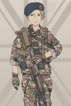 1girl acog beret bipod blue_eyes british_army brown_hair camouflage camouflage_gloves etmc1992 foregrip gloves glowstick grip gun hat highres l129a1 looking_at_viewer military_combat_uniform military_uniform original rifle scope short_hair sniper_rifle solo trijicon_rmr union_jack weapon