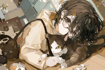 1girl animal bag blurry brown_eyes brown_hair brown_jacket cat closed_mouth drink_carton ear_piercing eyelashes fei_yi_yi fingernails glasses hair_ornament hairclip highres hood hood_down indoors jacket long_sleeves looking_at_viewer milk_carton on_floor original piercing refrigerator shirt short_hair solo string_of_flags white_shirt wooden_floor