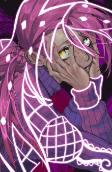 Rule 34 | 1boy, fingernails, freckles, green eyes, hands on own face, heterochromia, highres, jojo no kimyou na bouken, long hair, long sleeves, lower teeth only, male focus, open mouth, parted hair, purple hair, purple shirt, rr9pt76u5phwgqx, shirt, solo, teeth, turtleneck, vento aureo, vinegar doppio, yellow eyes