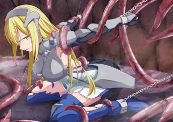 1girl aiz_wallenstein ankle_cuffs armor armpits arms_behind_back blonde_hair blue_thighhighs boots bound breastplate breasts cuffs dress dungeon_ni_deai_wo_motomeru_no_wa_machigatteiru_darou_ka faulds handcuffs headpiece kneeling knight long_hair looking_at_viewer medium_breasts open_mouth peril restrained sideboob sidelocks solo tentacles thigh_boots thighhighs tied_up_(nonsexual) torn_clothes torn_thighhighs toya1s white_dress yellow_eyes