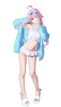 1girl absurdres ahoge armpits beads bikini blue-tinted_eyewear blue_archive blue_jacket cellphone commentary_request eyewear_on_head flat_chest hair_beads hair_ornament halo highres holding holding_phone hoshino_(blue_archive) hoshino_(swimsuit)_(blue_archive) jacket lao_wo long_hair looking_at_viewer official_alternate_costume official_alternate_hairstyle open_clothes open_jacket phone pink_hair pink_halo sandals smartphone solo sunglasses swimsuit tinted_eyewear twintails very_long_hair white_background white_bikini white_sandals yellow_eyes