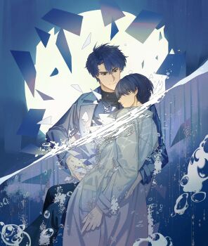 2boys absurdres air_bubble black_coat black_eyes black_hair black_shirt bubble carrying carrying_person caustics coat commentary_request curtained_hair disintegration falling_paper frown hand_on_another&#039;s_back highres kim_dokja knees_up male_focus multiple_boys omniscient_reader&#039;s_viewpoint open_clothes open_coat partially_submerged sanjinmogufufu shirt short_hair subsurface_scattering water white_coat yoo_joonghyuk