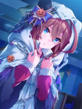 1girl absurdres adjusting_clothes ahoge animal_ears artist_request bedroom black_hat blue_eyes bow brooch brown_hair ceiling_light chain chain_necklace cloak dutch_angle ear_covers expressionless eyelashes eyes_visible_through_hair game_cg garland_(decoration) ghost ghost_costume hair_between_eyes halloween hat hat_bow hat_ornament highres hood hood_up hooded_cloak horse_ears horse_girl huge_ahoge indoors jack-o&#039;-lantern jack-o&#039;-lantern_hat_ornament jacket jewelry layered_sleeves light_particles long_hair long_sleeves looking_at_viewer mihono_bourbon_(the_ghost_finds_halloween_magic)_(umamusume) mihono_bourbon_(umamusume) mini_hat mini_top_hat necklace night official_alternate_costume official_art parted_lips purple_bow red_jacket shirt solo spider_web_hair_ornament top_hat torn_cloak torn_clothes torn_sleeves track_jacket tsurime umamusume upper_body vent_(object) white_cloak white_shirt wide_sleeves window