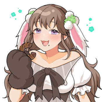 1girl :3 animal_hands blush bow bowtie brown_hair chima_(iccachima) commentary_request corset donut floppy_ears food gloves grey_bow grey_bowtie grey_corset highres long_hair looking_at_viewer low_twintails off-shoulder_shirt off_shoulder open_mouth paw_gloves purple_eyes rabbit_girl ragnarok_masters ragnarok_online shirt simple_background smile solo twintails upper_body white_background white_shirt