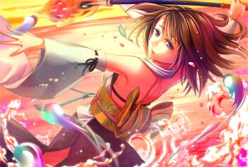 00s 1girl blue_eyes blurry brown_hair depth_of_field detached_sleeves female_focus final_fantasy final_fantasy_x gradient_background japanese_clothes kimono short_hair solo staff sumomo_h water yuna yuna_(ff10)